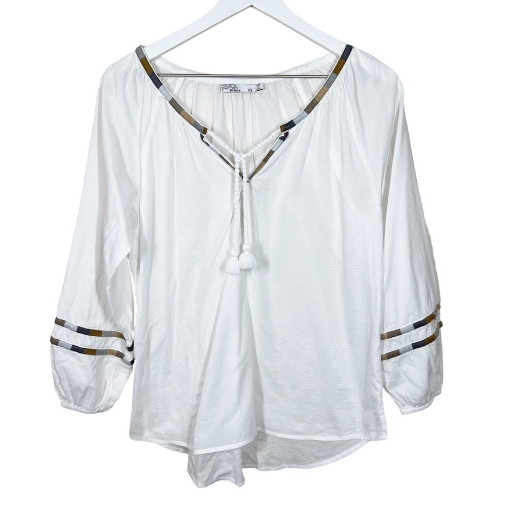 Prana Womens White Embroidered Tassel Atlantis Top Shirt Organic Cotton Size XS